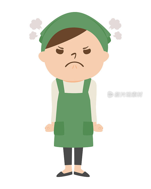 A woman wearing an apron. Illustration of an angry woman.